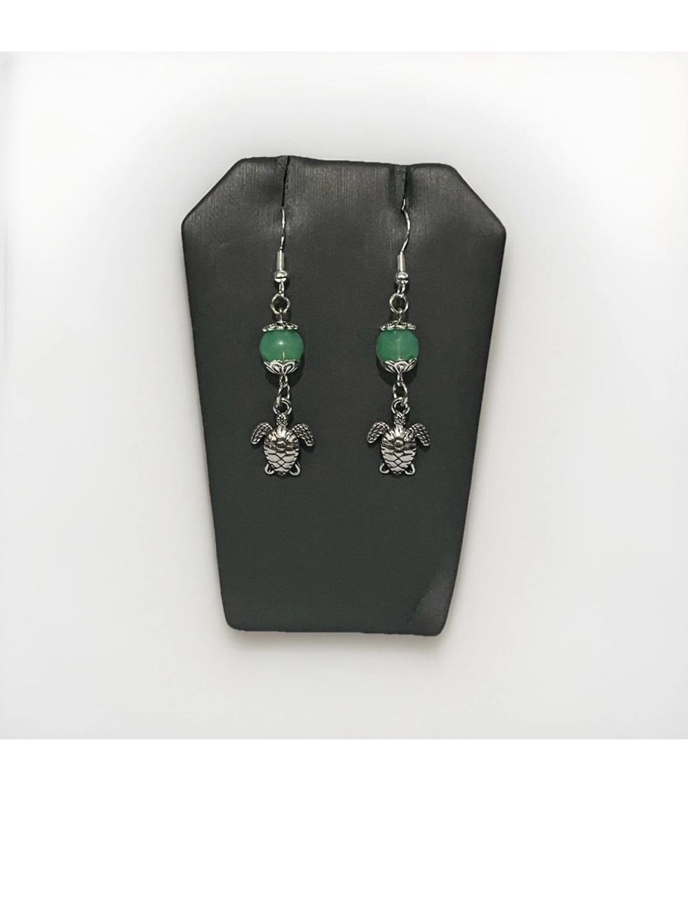 Handcrafted Green Bead Turtle Earrings Silver Tone Beach Boho Gift for Her - Picture 4 of 6